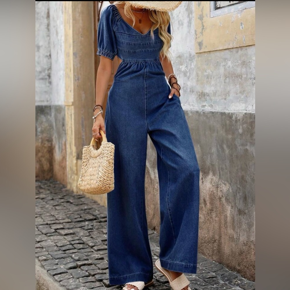 SHEIN Dark Blue Wide Leg Denim Jumpsuit M - Picture 3 of 7